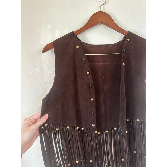 Vintage Leather Beaded Fringe Brown Vest - Picture 5 of 6
